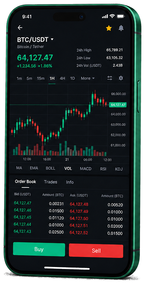 Platform trading Nusa Bitpulse di perangkat mobile — grafik BTC/USDT waktu nyata, buku pesanan, dan panel beli/jual